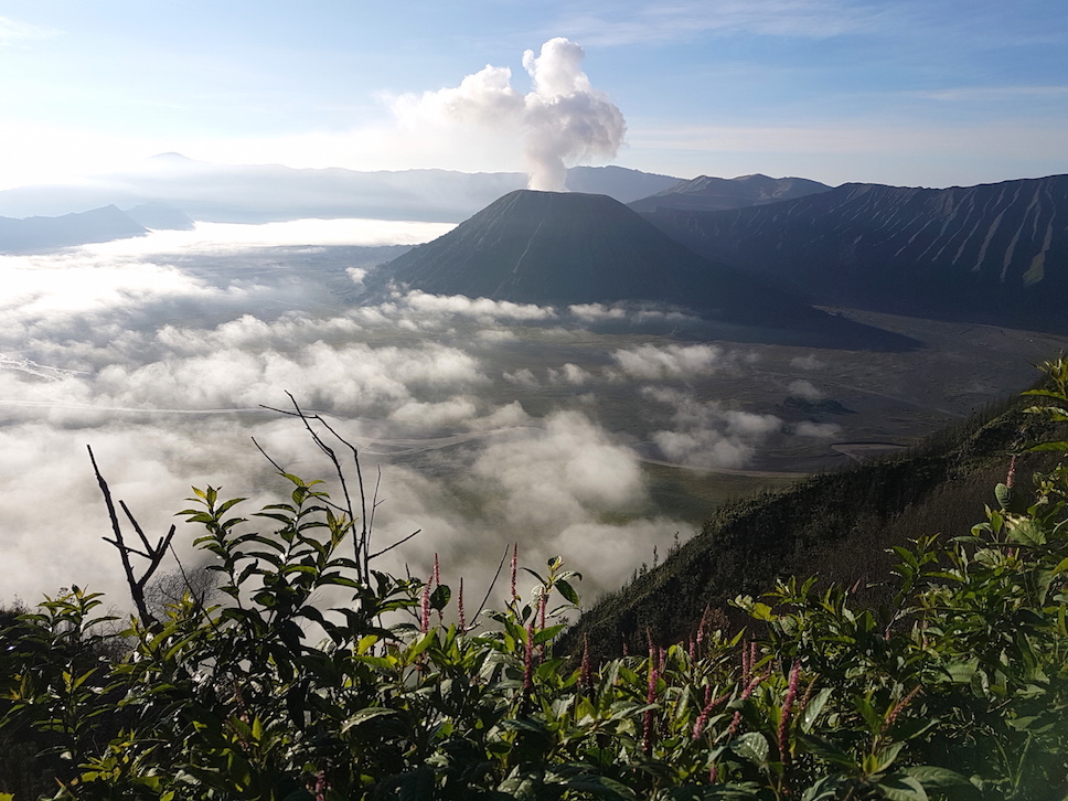 Wolkenmeer und Rauchwolke beim Vulkan Bromo